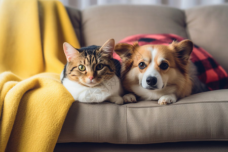 猫狗宠物盖着毛毯的小狗背景