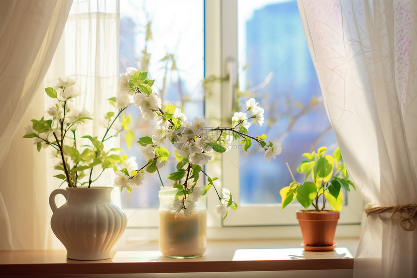 窗台上的鲜花盆栽布景图片