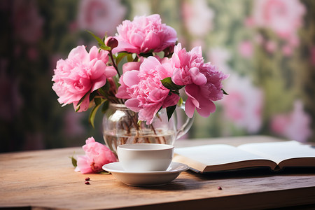 书桌上的粉红牡丹花背景