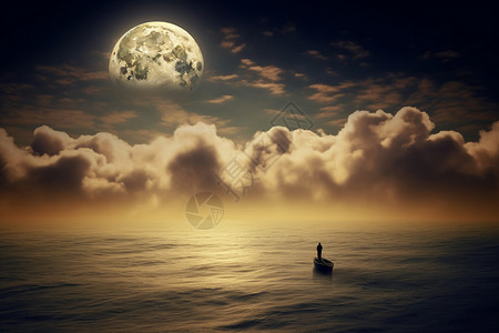 渔者大海渔船上孤独的背影设计图片