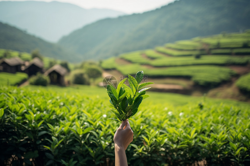 田野中拿着植物的人图片