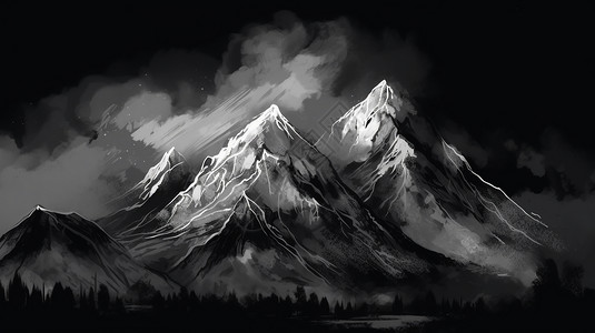 黑白雪山雪山山脉的绘画插图插画