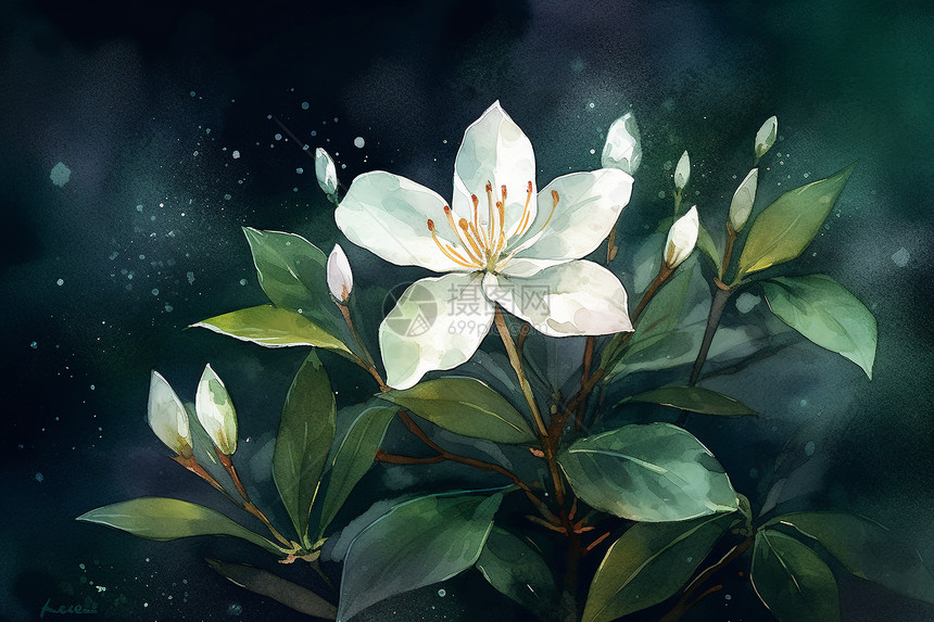 盛开的茉莉花水彩插图图片