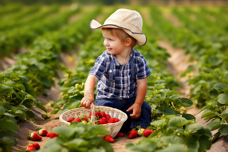 坐着草莓男孩可爱的男孩在摘草莓背景
