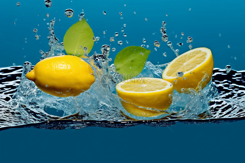 水流中的新鲜柠檬图片