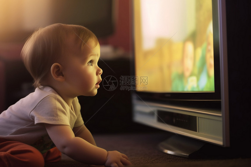 宝宝好奇地看电视图片