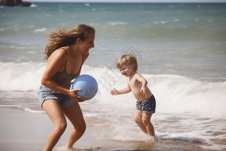 海滩玩耍的母子图片