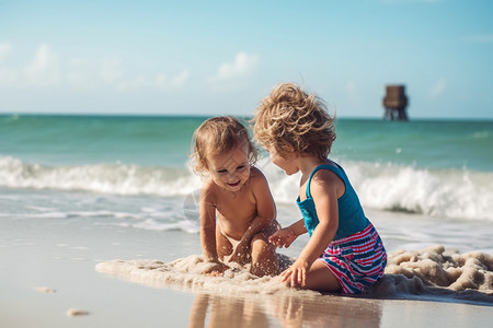 海边玩沙子的孩子图片