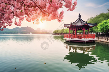 德清下渚湖樱花下的凉亭风光设计图片