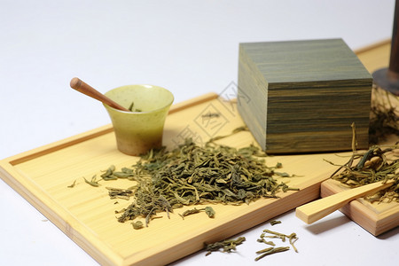 晒干的茶叶木板上的茉莉花茶背景