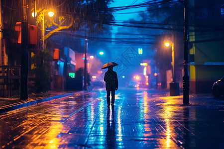孤独的身影漫步的深夜街景图片