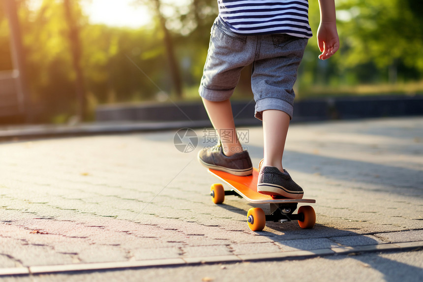 公园的地面上练习滑板的男孩图片
