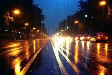 下雨天湿滑的城市街头图片