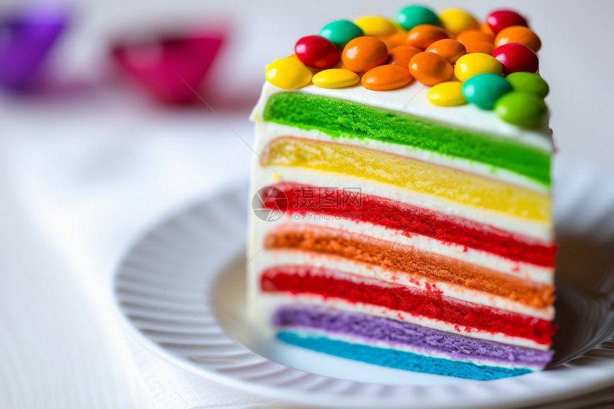 餐盘上的彩虹蛋糕图片