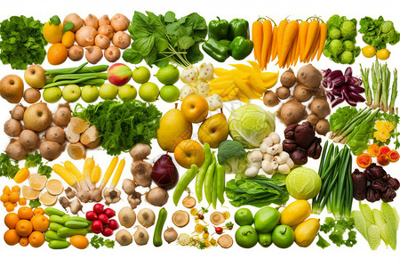 白色背景上摆放整齐的蔬菜高清图片