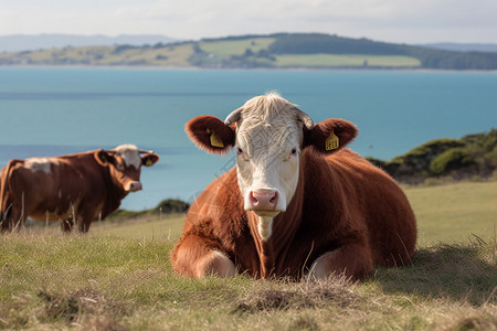 田间休息草地上放养的牛背景