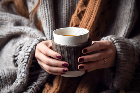 冬天里的女人拿着咖啡高清图片