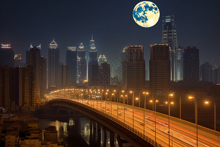 夜晚城市中的交通大桥背景图片