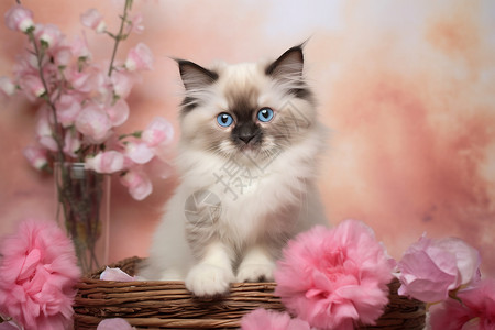 一篮康乃馨家养的小猫咪背景