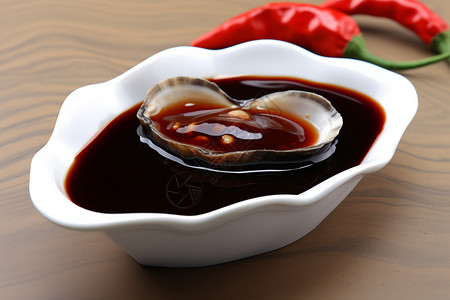 酱油汁瓷碗中的生蚝壳背景