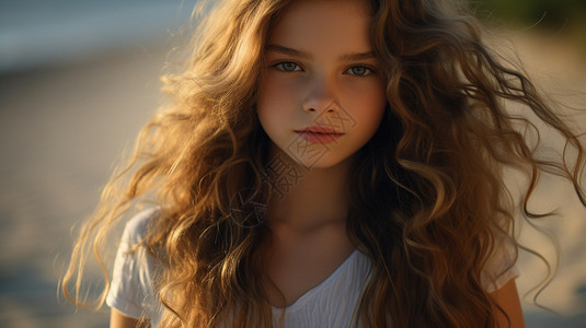 海滩上的长发女孩图片