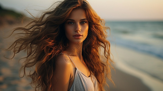 黄发女神图片夏季海滩上的黄发女孩背景