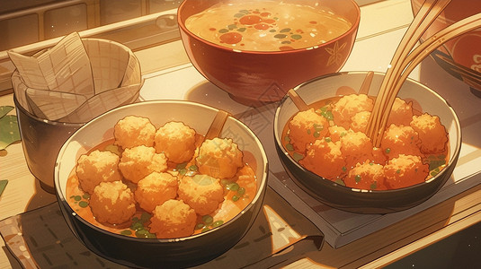 卡通食物餐具餐桌上放着两个咖喱球美食插画