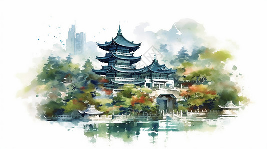 中国房屋建筑水彩级意境房屋建筑插画