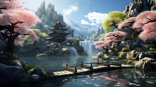 中国风古风山水建筑背景背景图片