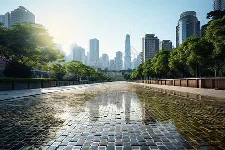 地面倒映的城市建筑图片