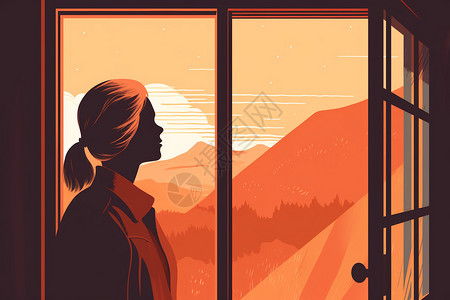 窗边景色女人在窗边观看风景插画