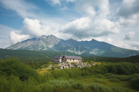 山脉岩石上的木屋图片