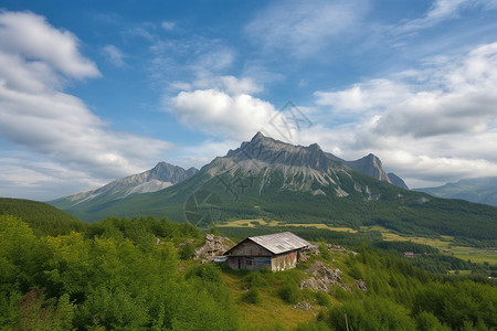 山脉中的木制小屋图片