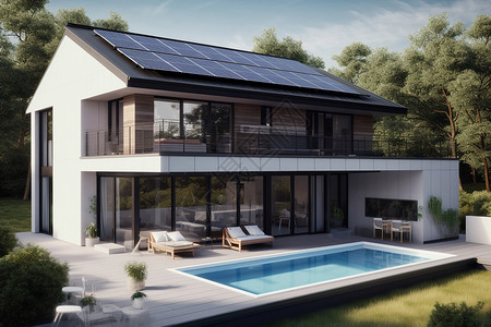屋顶安装的太阳能电池板高清图片