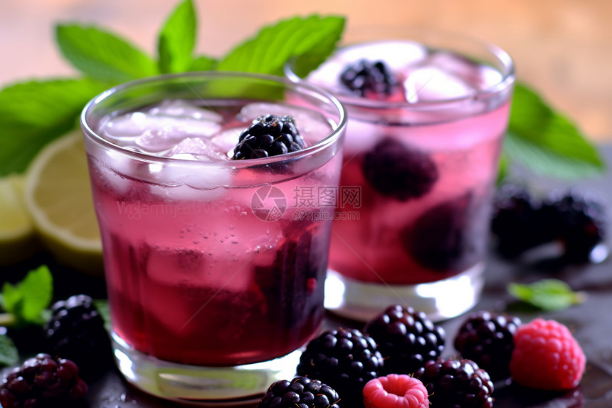 黑莓水果和两杯冷饮图片