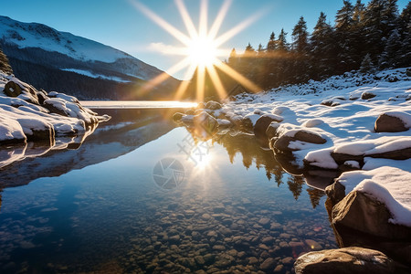 冰墩墩高清图片周围覆盖冰雪的湖泊背景