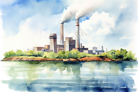 工业排污发电厂的风格化水彩画插画