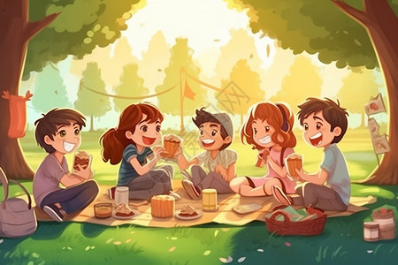 公园野餐的学生插画图片