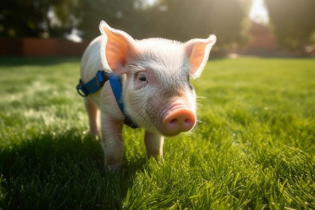 草丛中行走的宠物猪背景图片