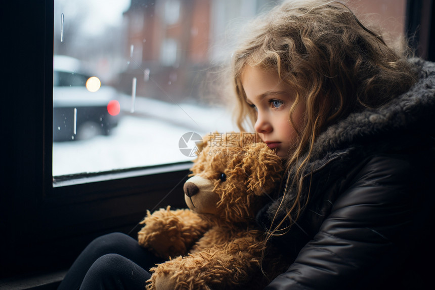 窗边孤独的小女孩图片