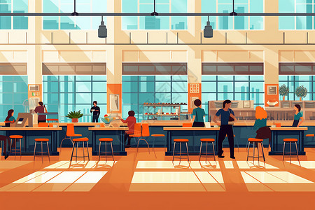 学校自助餐厅的平面插图背景图片