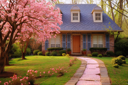 粉色樱花下的房子高清图片