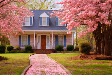 粉红色房子房屋前的粉色樱花背景