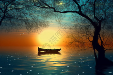 船日落黎明月光下的小船插画