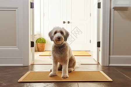 宠物垫坐在家门口的一只小狗背景