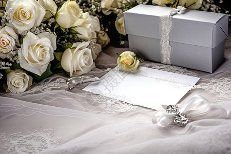 蕾丝玫瑰白色的婚礼请柬背景