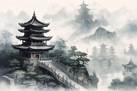中式山水建筑背景图片