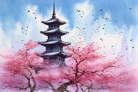 春季樱花与宝塔背景图片
