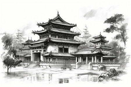 水墨高清素描风格的中国传统建筑插画