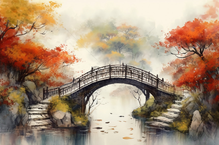 秋季园林桥梁图片